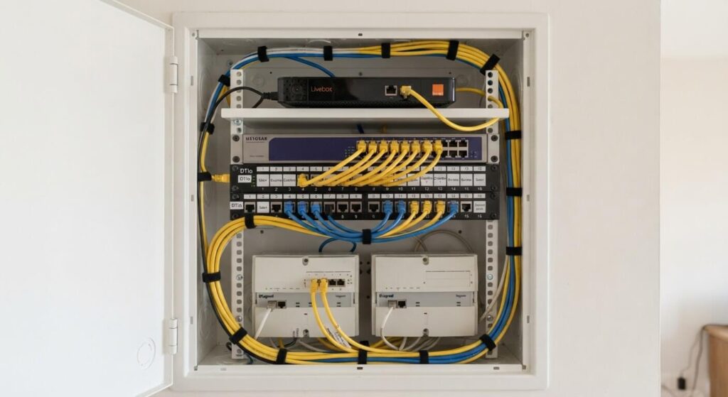 Vue de face d'un coffret de communication avec cordons de brassage reliant la box aux prises RJ45 murales.