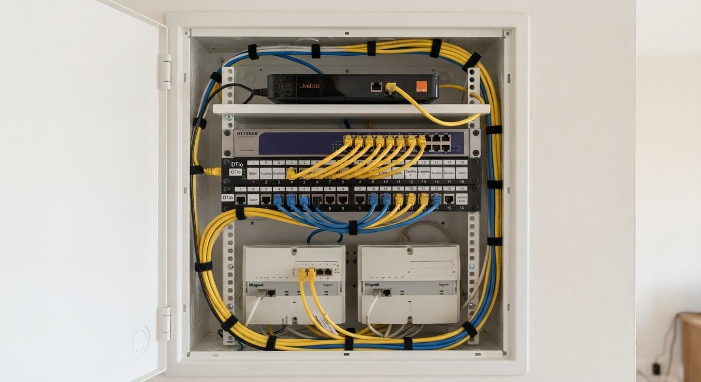 Vue de face d'un coffret de communication avec cordons de brassage reliant la box aux prises RJ45 murales.