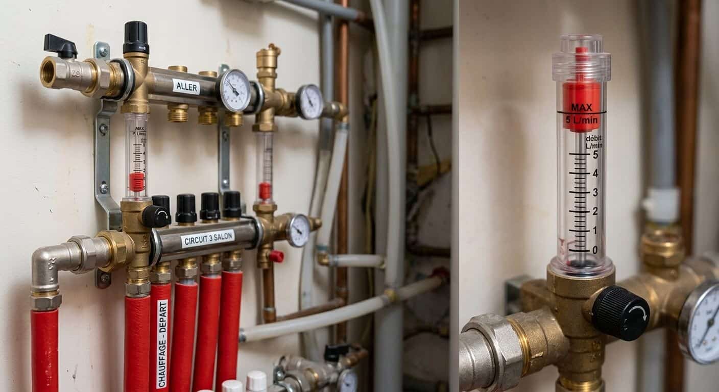 Flotteur rouge d'un débitmètre gradué bloqué en haut du tube en plastique d'un collecteur de chauffage.