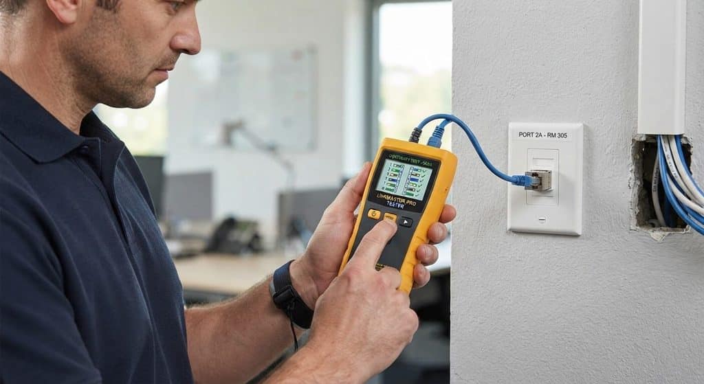 Test de continuité des 8 brins d'une prise murale RJ45 avec un testeur de câble réseau.