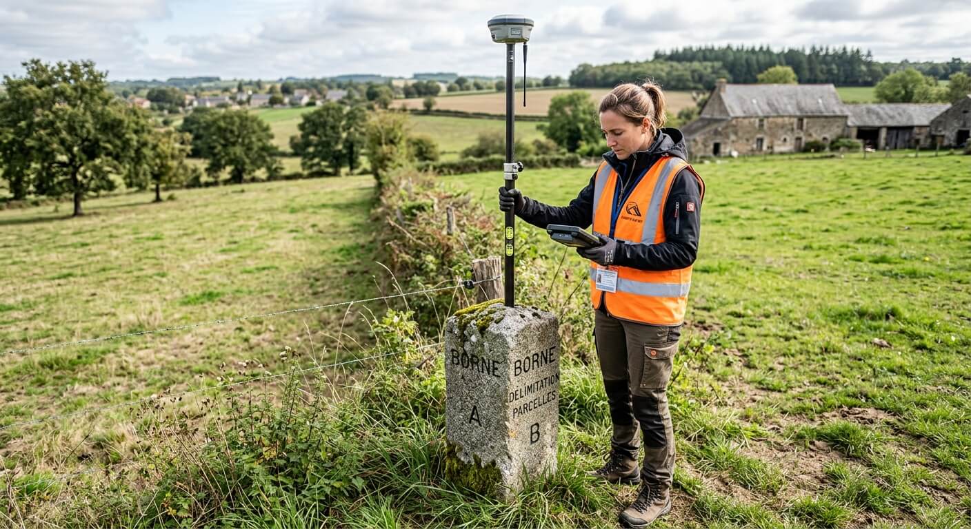 Géomètre-expert relevant les coordonnées GPS d'une borne délimitant deux parcelles privées.