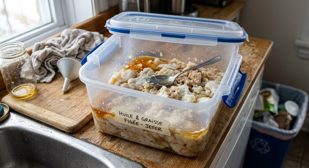 Huile de cuisson et graisse alimentaire solidifiée déposée dans une boîte étanche avant jet.
