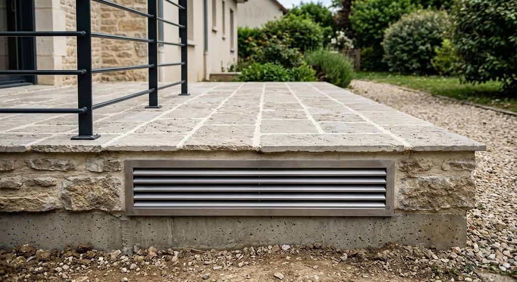 Terrasse sur vide sanitaire : ventilation et précautions techniques 3 Grille métallique d'aération périphérique intégrée dans le soubassement d'une terrasse sur vide sanitaire.