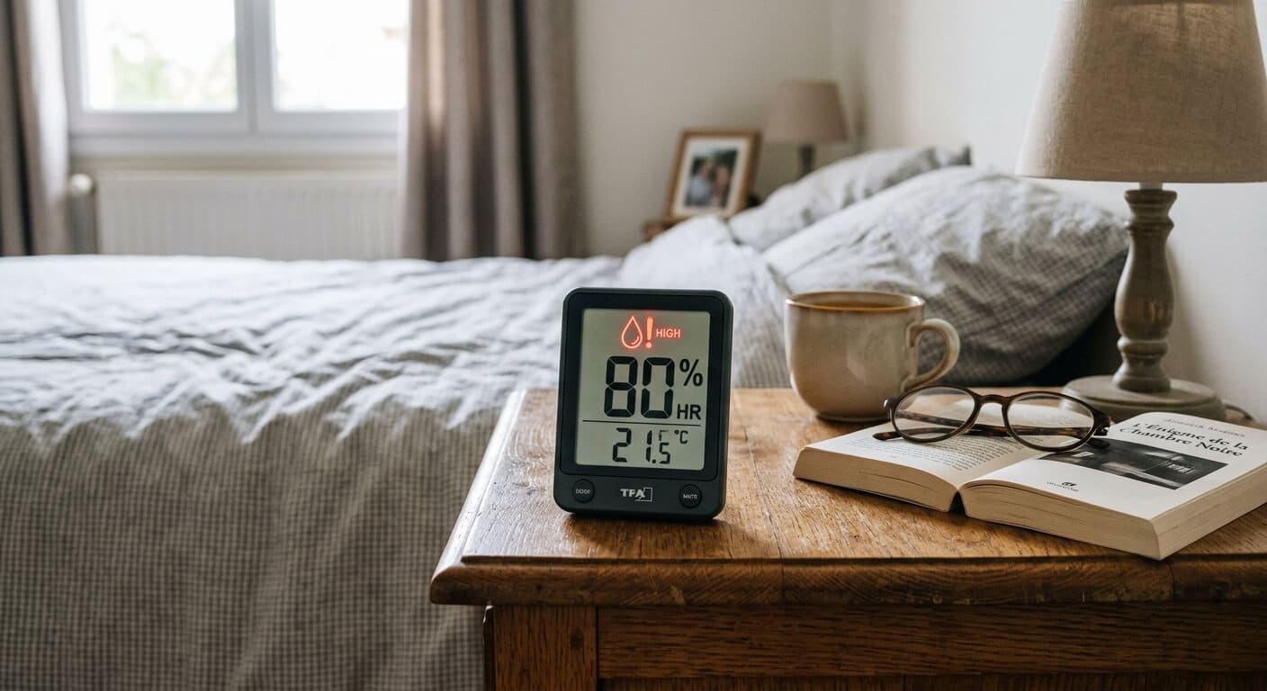 Hygromètre digital posé sur une table de chevet affichant un taux d'humidité alarmant de 80 %.
