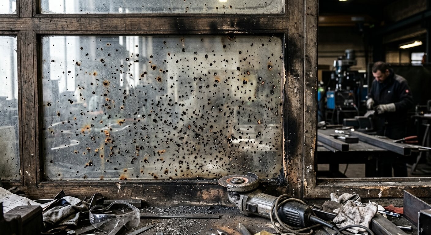 Baie vitrée piquetée de points noirs et de brûlures causées par des projections de meuleuse.
