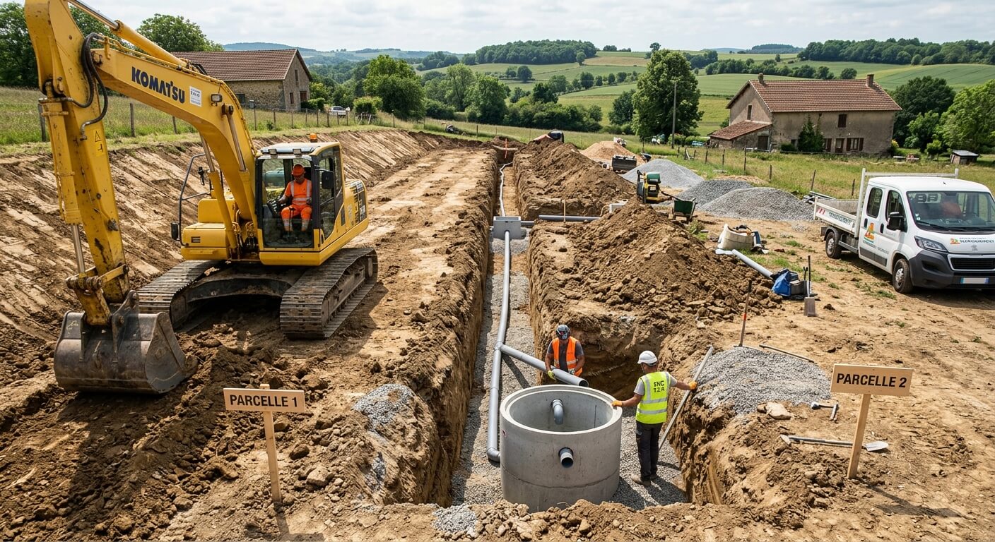 Travaux de terrassement pour l'enfouissement d'un système d'assainissement partagé entre deux parcelles.