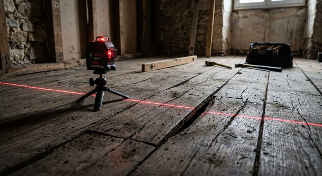Rattrapage de niveau sur plancher bois : quelle solution choisir ? 2 Niveau laser projetant une ligne horizontale sur les creux d'un vieux plancher en bois à niveler.