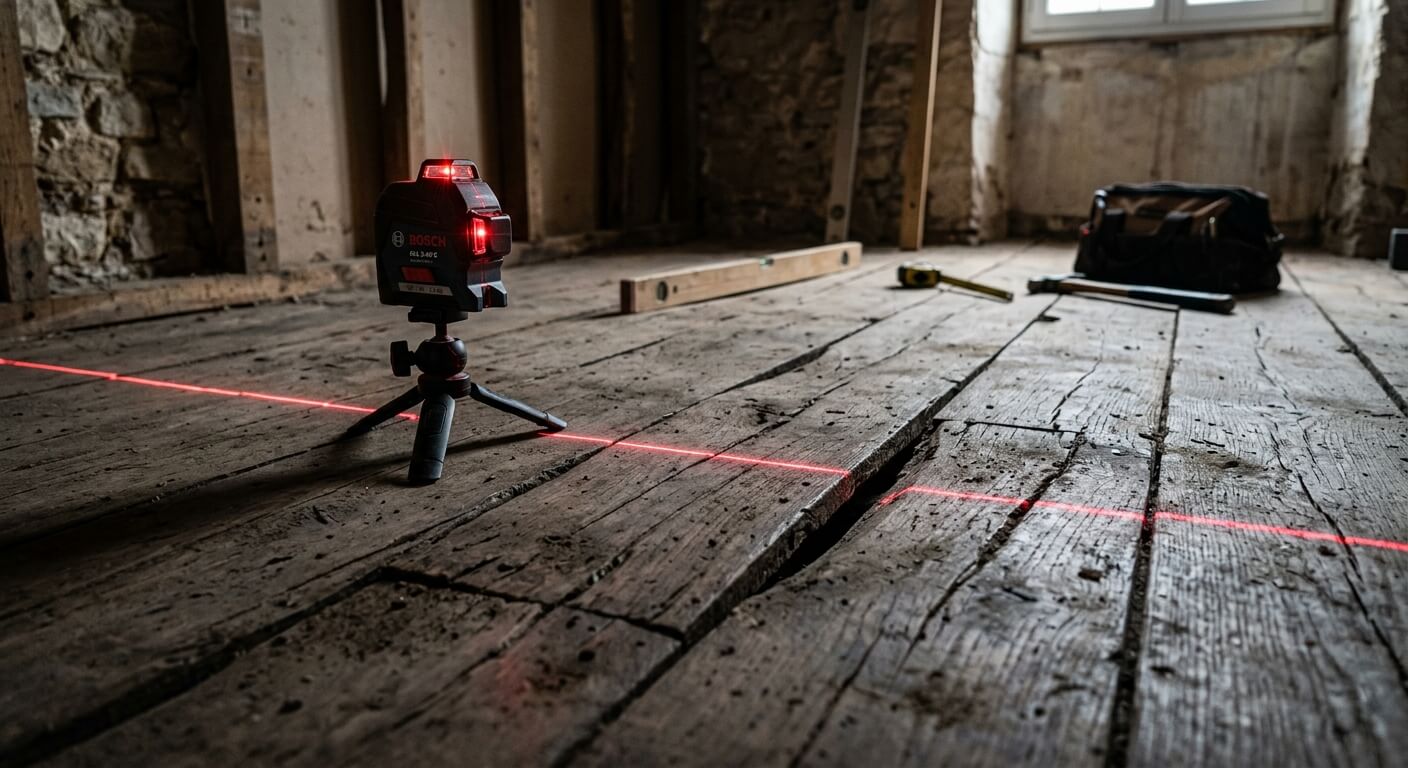 Niveau laser projetant une ligne horizontale sur les creux d'un vieux plancher en bois à niveler.