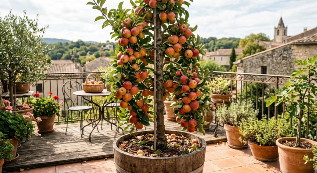Pommier colonnaire de 8 ans croulant sous les pommes cultivé en bac sur une terrasse.