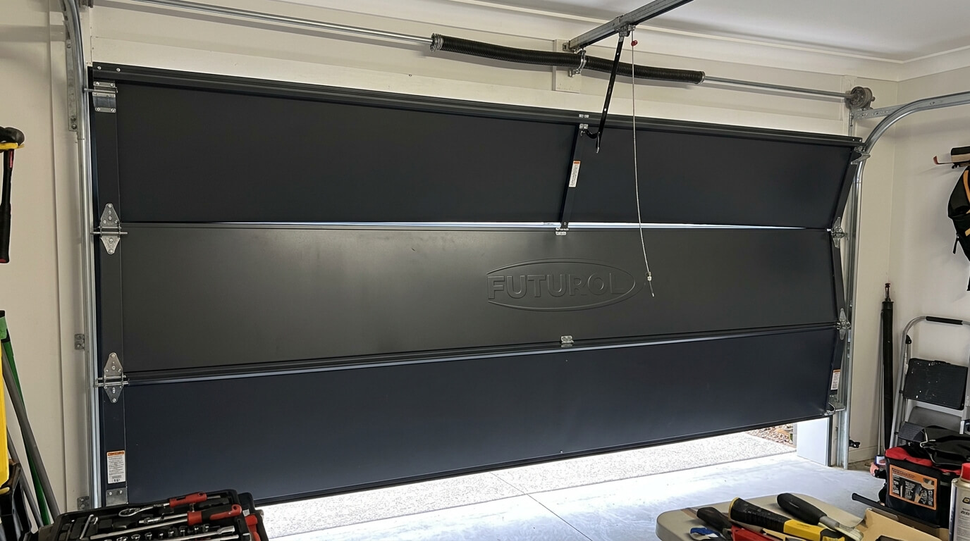 Porte de garage sectionnelle de marque Futurol bloquée à mi-course dans ses rails latéraux.