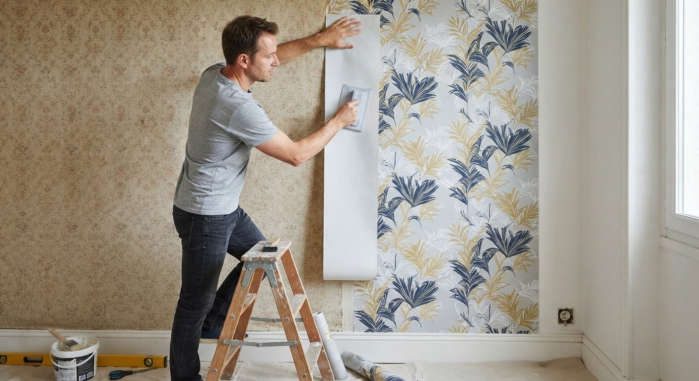 Pose d'un lé de papier peint intissé moderne venant recouvrir une ancienne tapisserie propre.