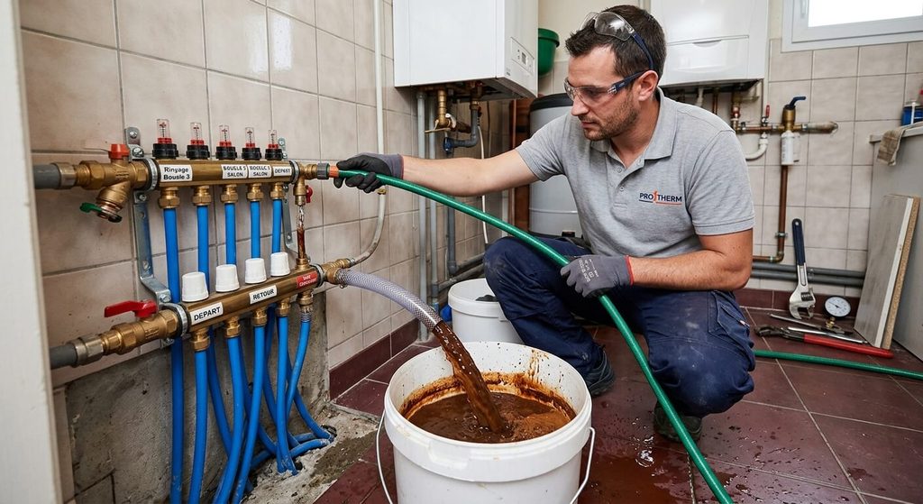 Débitmètre de plancher chauffant qui ne bouge pas : causes et solutions 3 Rinçage d'une boucle de plancher chauffant avec un tuyau d'arrosage pour évacuer les boues ferrugineuses.