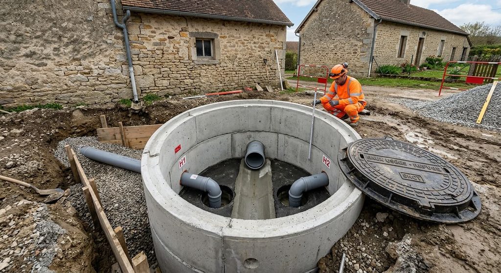 Fosse septique commune à deux maisons : est-ce légal ? 4 Regard de visite en béton avec conduites d'eaux usées provenant de deux habitations mitoyennes.