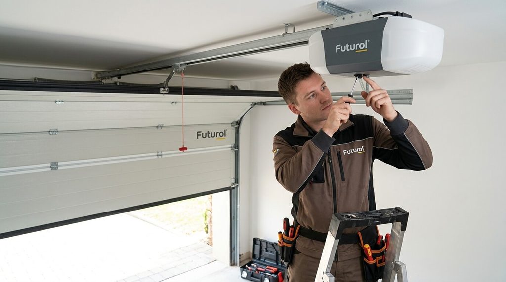 Technicien réglant les boutons de fin de course sur la tête de moteur d'une porte de garage.