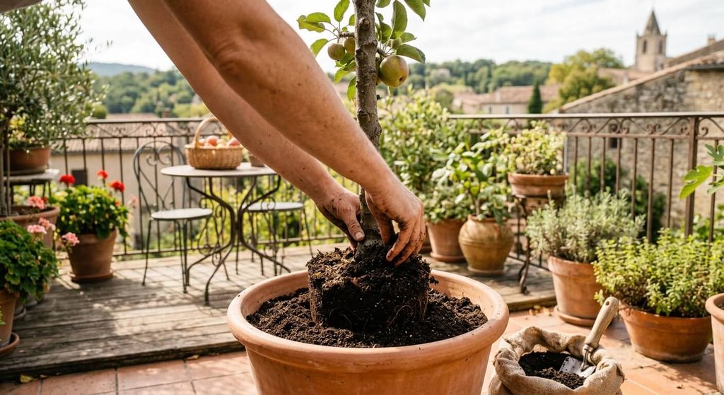 Rempotage délicat d'un arbre fruitier colonnaire avec surfaçage de compost et terreau frais.