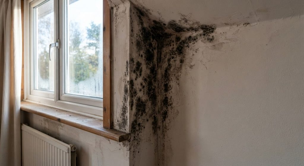 Taches de moisissures noires apparaissant dans l'angle froid d'un mur de chambre près de la fenêtre.
