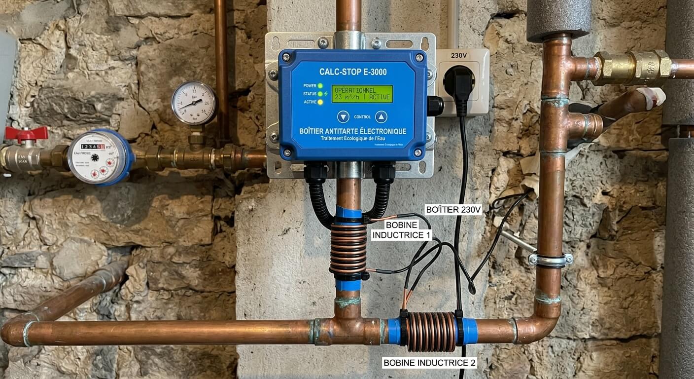 Boîtier antitartre électronique fixé sur une canalisation d'eau générale en cuivre avec ses bobines.