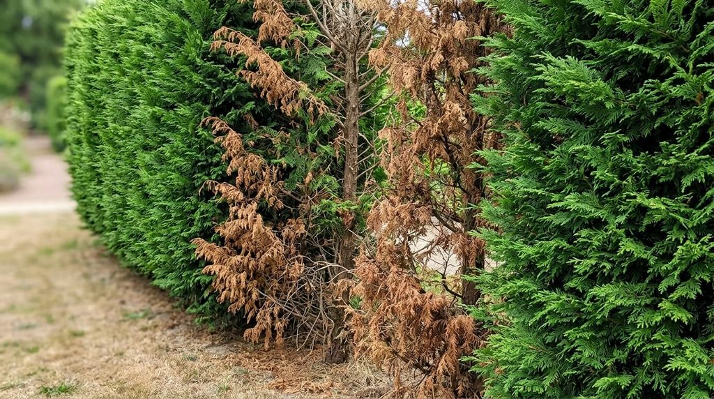 Où trouver de l'Aliette : ce qui a changé et les alternatives 4 Haie de conifères montrant des branches qui brunissent sous l'attaque du champignon Phytophthora.