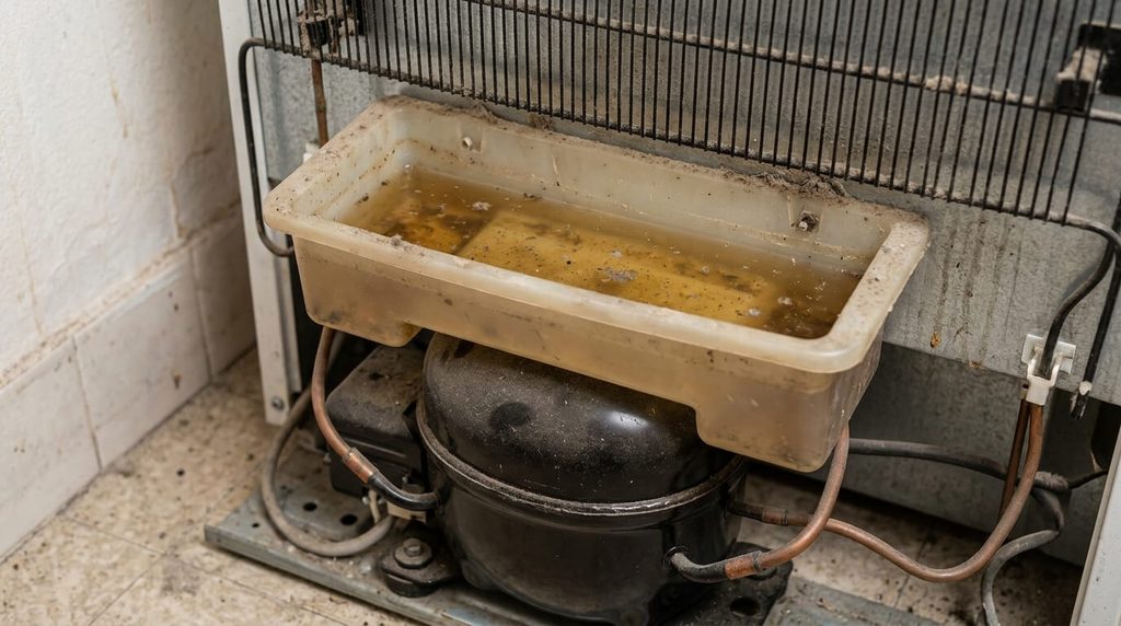 Bac de récupération d'eau sale posé sur le compresseur à l'arrière d'un réfrigérateur.