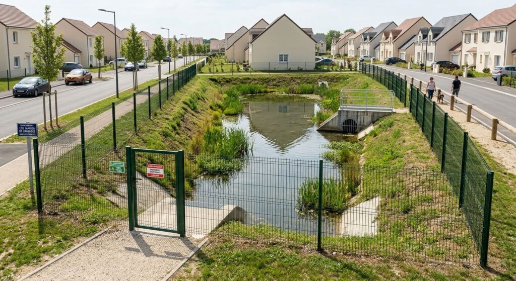 Réglementation des bassins de rétention en lotissement : normes, sécurité et entretien 2 Bassin de rétention des eaux pluviales à ciel ouvert sécurisé par une clôture dans un lotissement récent.