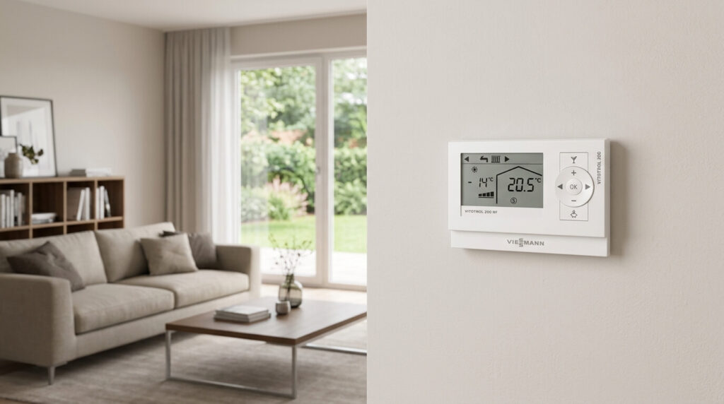 Commande à distance sans fil Vitotrol 200 RF fixée au mur d'un salon.