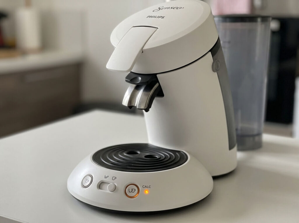 Voyant CALC orange allumé sur le bandeau supérieur d'une cafetière Senseo Original Plus CSA210.
