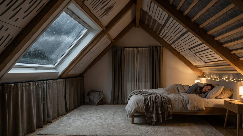 Chambre aménagée sous les combles bénéficiant d'une isolation acoustique contre le bruit d'impact de la pluie.