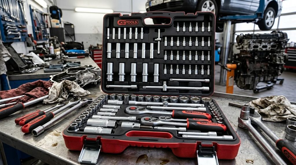 Mallette de douilles et cliquets KS Tools ouverte dans un atelier de mécanique.