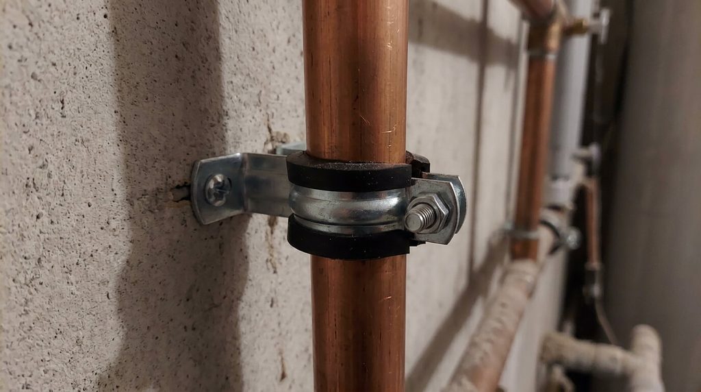 Bruit de tuyauterie quand j'ouvre le robinet : les vraies causes 4 Collier de fixation isophonique avec joint caoutchouc maintenant un tuyau de cuivre contre un mur.