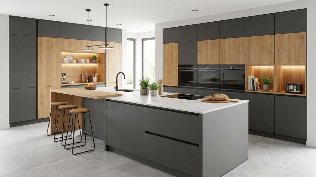 Aménagement de cuisine contemporaine Schmidt avec îlot central et meubles sur mesure sans poignées.