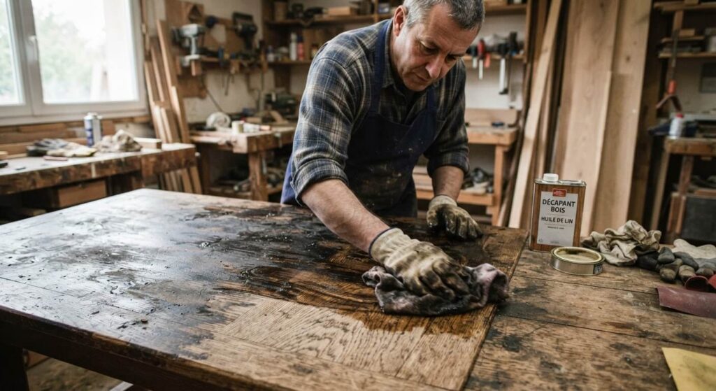 Enlever l'huile de lin sur bois : la méthode selon l'état de l'huile 2 Décapage au chiffon imprégné de solvant d'une table en chêne encrassée par de l'huile de lin.