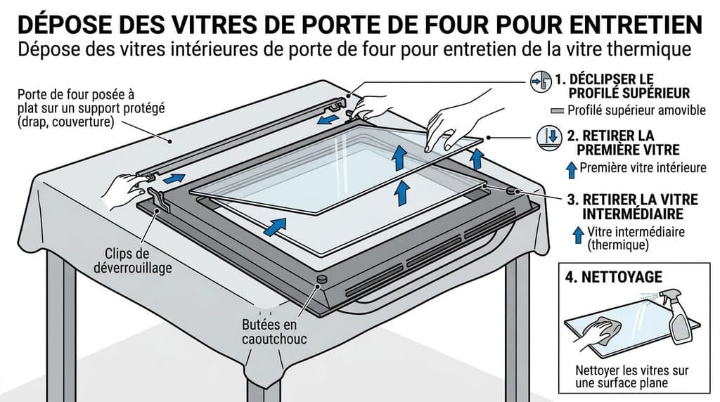 Dépose des vitres intérieures de porte de four pour entretien de la vitre thermique.