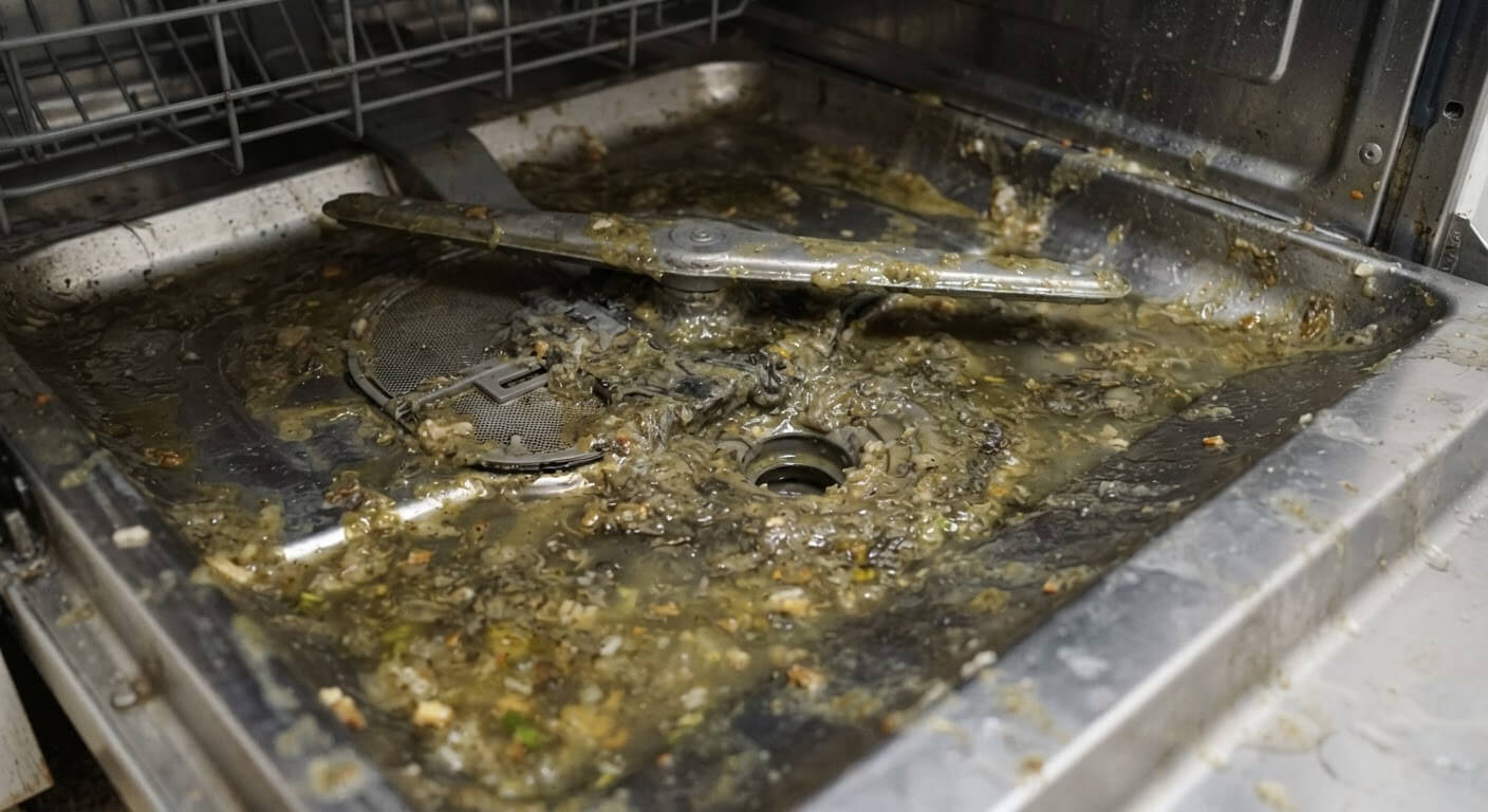 Pellicule grasse et résidus pâteux accumulés au fond de la cuve d'un lave-vaisselle.