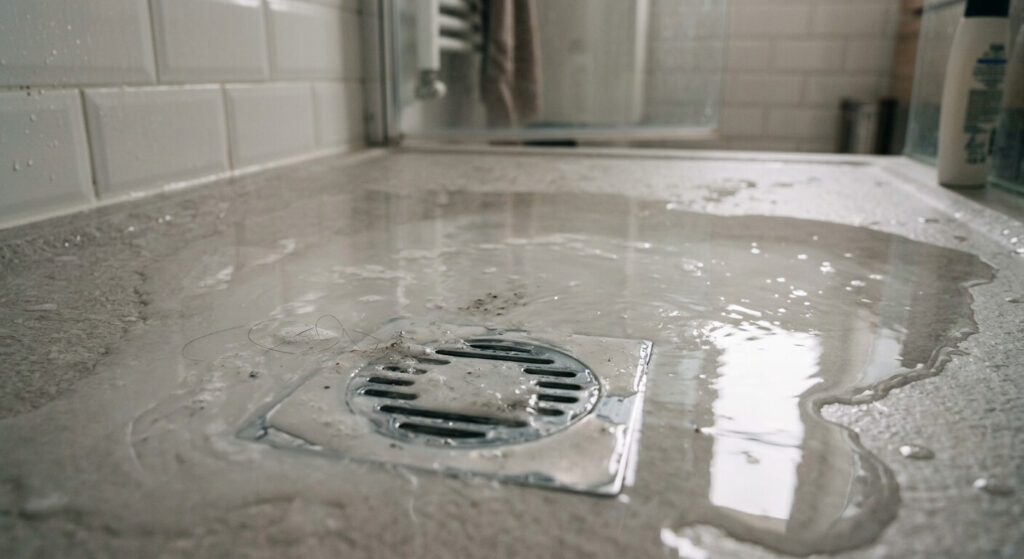 Eau savonneuse stagnante sur un receveur de douche extra plat ne s'écoulant pas dans la bonde.