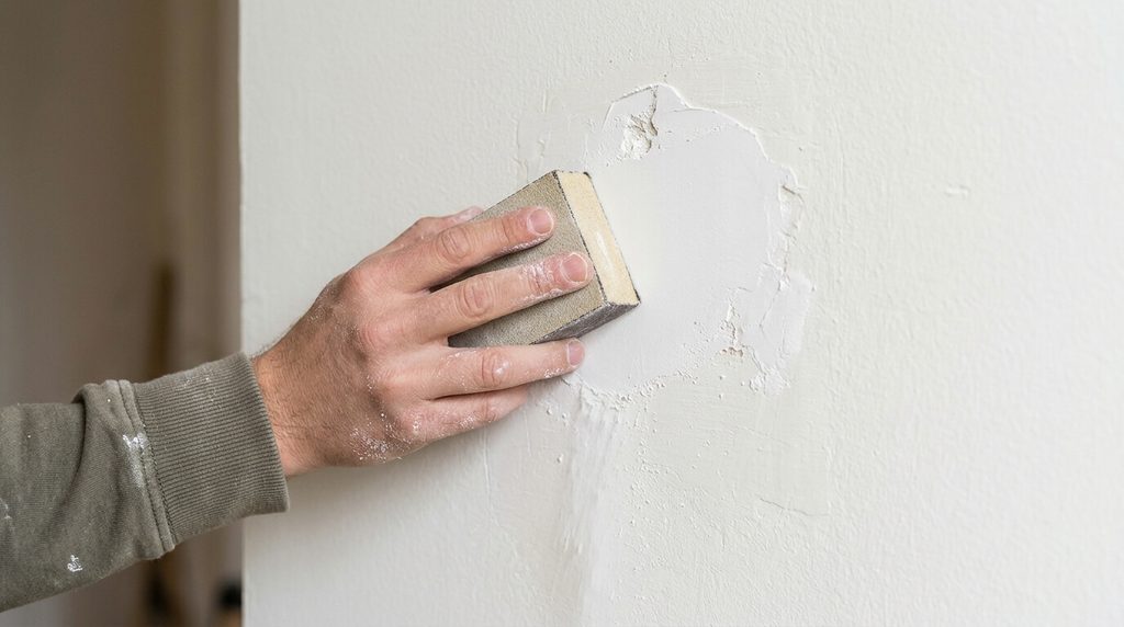 Lissage et ponçage d'un enduit de rebouchage avant l'application d'une retouche de peinture.