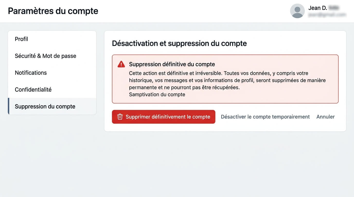 Écran des paramètres d'un profil en ligne avec option de suppression définitive du compte.