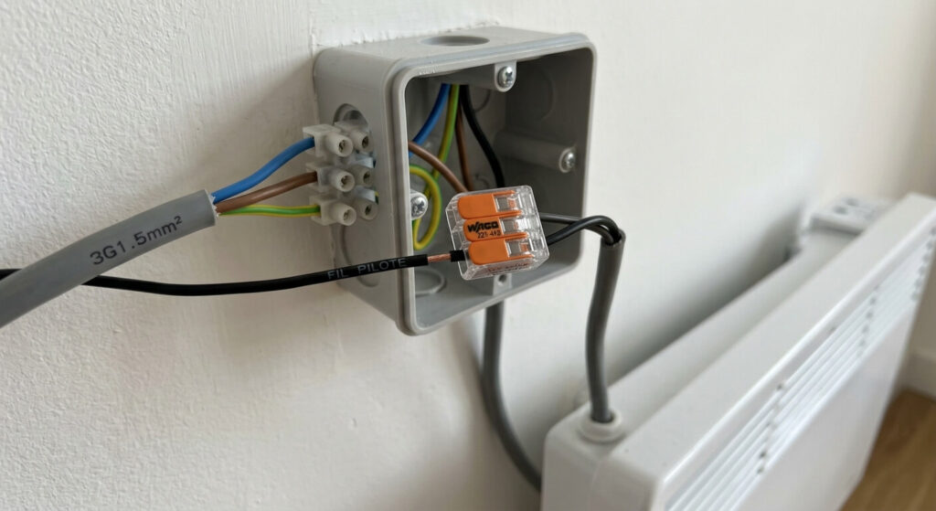 Fil pilote noir d'un radiateur électrique isolé individuellement avec une borne Wago dans le boîtier.