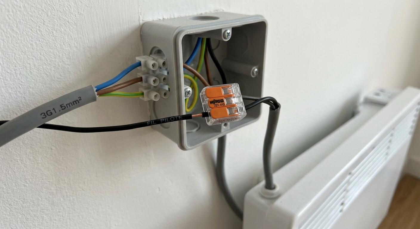 Fil pilote noir d'un radiateur électrique isolé individuellement avec une borne Wago dans le boîtier.