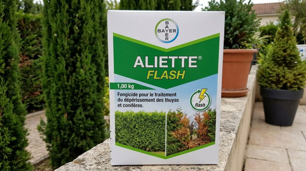 Où trouver de l'Aliette : ce qui a changé et les alternatives 2 Boîte de fongicide Aliette Flash pour le traitement du dépérissement des thuyas et conifères.