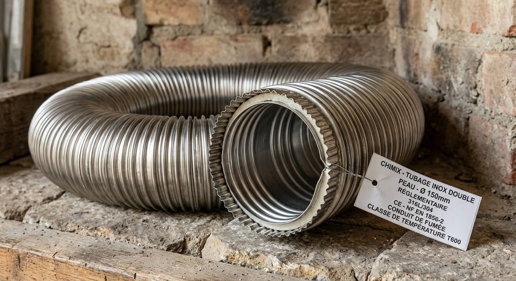 Peut-on installer un insert sans tubage ? Risques, règles et DTU 24.1 4 Tube flexible en inox double peau destiné au tubage réglementaire d'un conduit de cheminée.