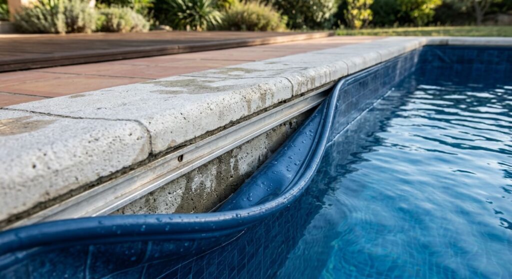 Bord supérieur d'un liner de piscine sorti de son rail d'accrochage sous la margelle.