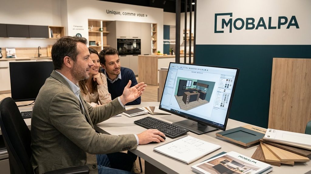 Concepteur vendeur Mobalpa présentant un projet d'aménagement de cuisine en 3D sur écran d'ordinateur.