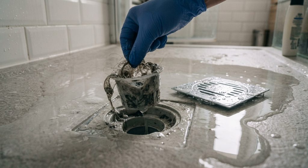 Démontage de la tasse et de la grille de bonde de douche pour retirer les cheveux accumulés.