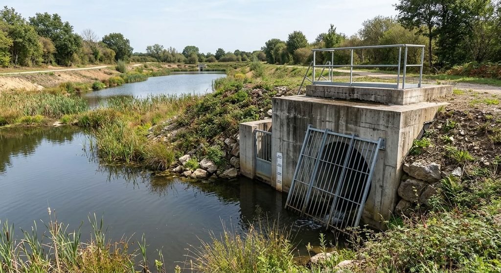 Réglementation des bassins de rétention en lotissement : normes, sécurité et entretien 3 Ouvrage maçonné régulateur de débit de fuite avec grille à l'exutoire d'un bassin d'orage.