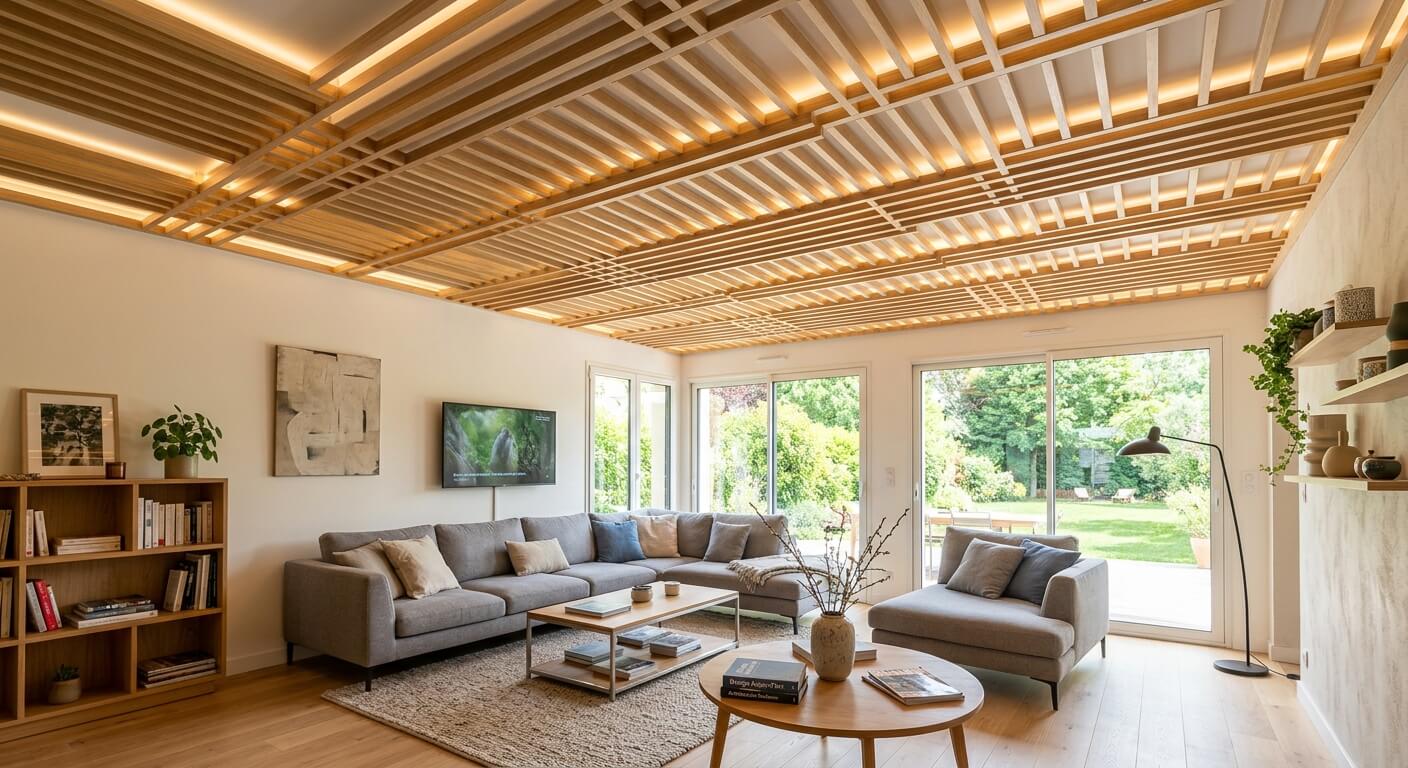 Salon contemporain équipé d'un faux-plafond en tasseaux de bois clair ajouré avec éclairage LED.