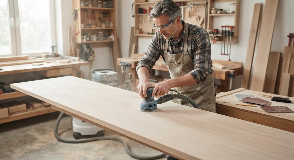 Enlever l'huile de lin sur bois : la méthode selon l'état de l'huile 3 Ponçage d'un plateau en bois brut avec une ponceuse excentrique après dégraissage complet.