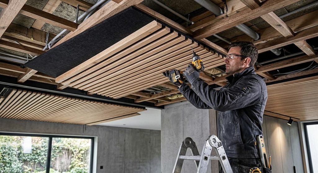 Faux plafond bois ajouré : prix, avantages et pose 4 Fixation d'un panneau acoustique en feutre noir et lattes de chêne sur une ossature de plafond.