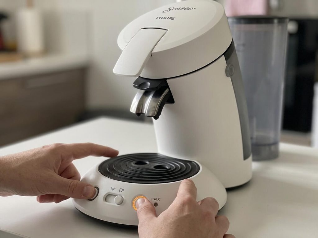 Doigts maintenant les boutons une tasse et deux tasses pour réinitialiser la machine Senseo.