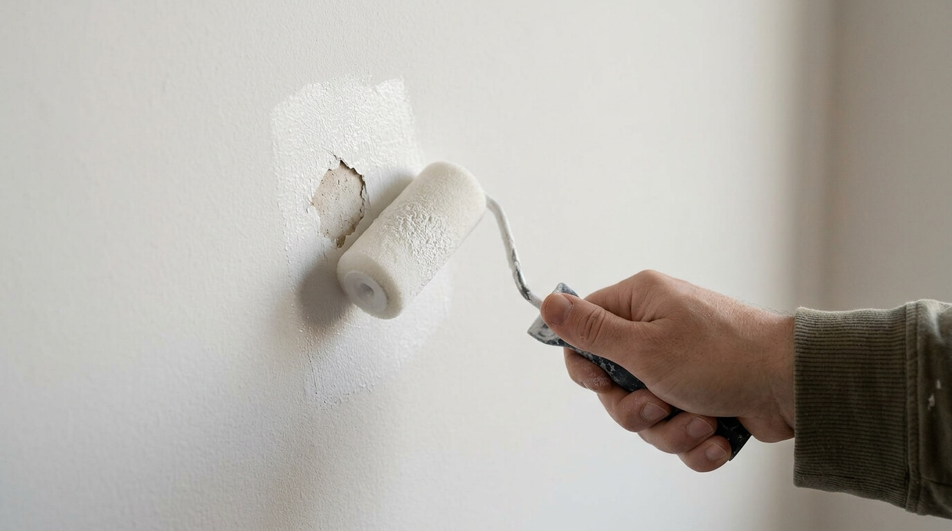 Application d'une fine retouche de peinture blanche au petit rouleau mousse sur un éclat de mur.