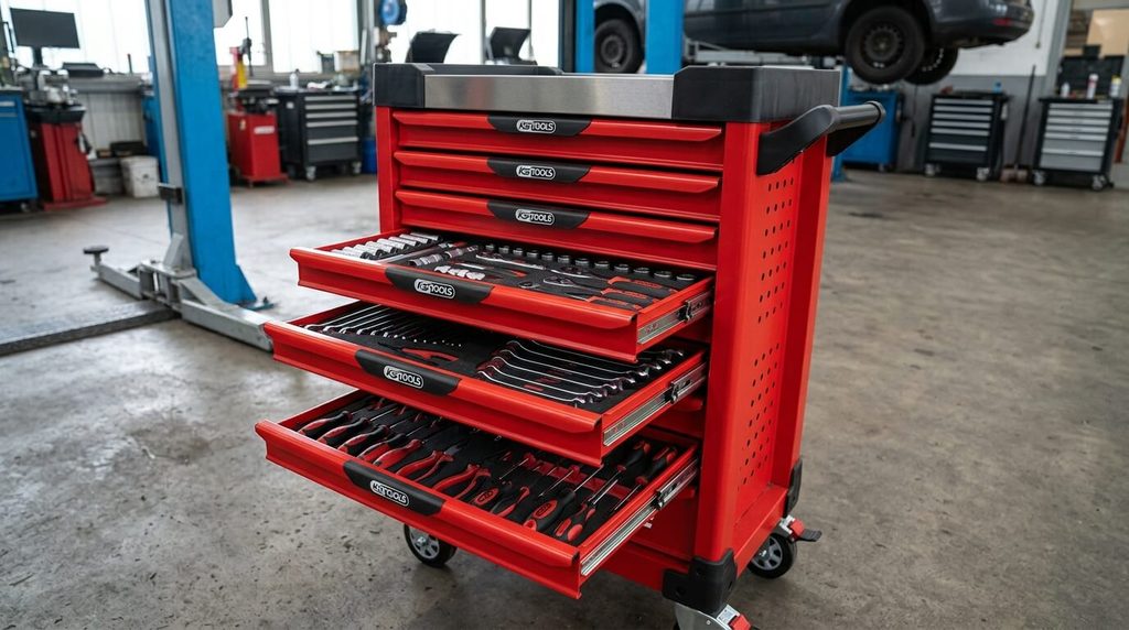 Servante d'atelier rouge KS Tools équipée de ses modules d'outils à main.